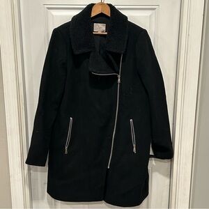 LOFT Moto Asymmetrical Black Wool Blend Faux Fur Peacoat Jacket Womens, Sz Small